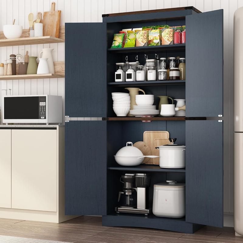 71in Farmhouse Kitchen Pantry Cabinet,Tall Storage Cabinet with 4 Doors and Adjustable shelves,with Load-Bearing Steel Pipe,Wood Storage Cabinets for Kitchen,Dining Room,Bathroom(Black/Brown/Light Rustic Oak/White/Rustic Blue)