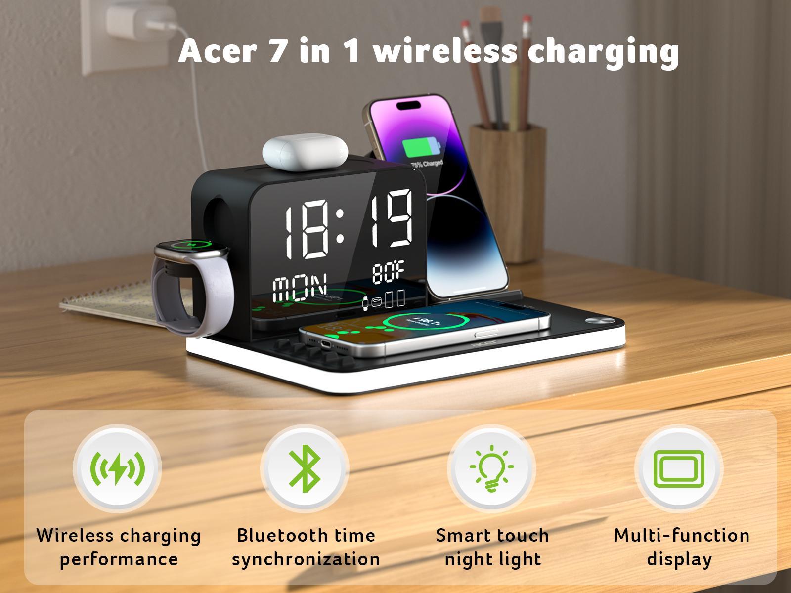 Acer 7 in 1 Wireless Charging Station with Fast Wireless Charger, LED Night Light, Bluetooth Time Sync Clock & Temperature Display, USB-A & USB-C, Magnetic MagSafe – for iPhone, Android Phone, Apple Watch & AirPods, Gift Acer 7 in 1 Wireless Charging Station with Fast Wireless Charger, LED Night Light, Bluetooth Time Sync Clock & Temperature Display, USB-A & USB-C, Magnetic MagSafe – for iPhone, Android Phone, Apple Watch & AirPods, Gift