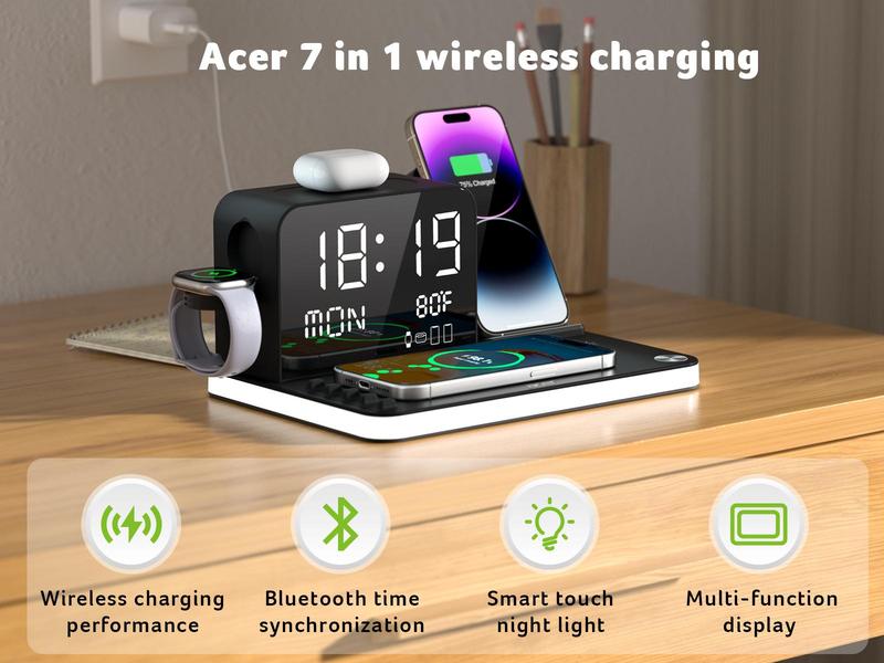 Acer 7 in 1 Wireless Charging Station with LED Night Light, Bluetooth Time Sync Clock & Temperature Display, USB-A & USB-C Ports – Compatible with iPhone, Android, Apple Watch & AirPods, Perfect Christmas & New Year Gift – TikTokShopBlackFriday