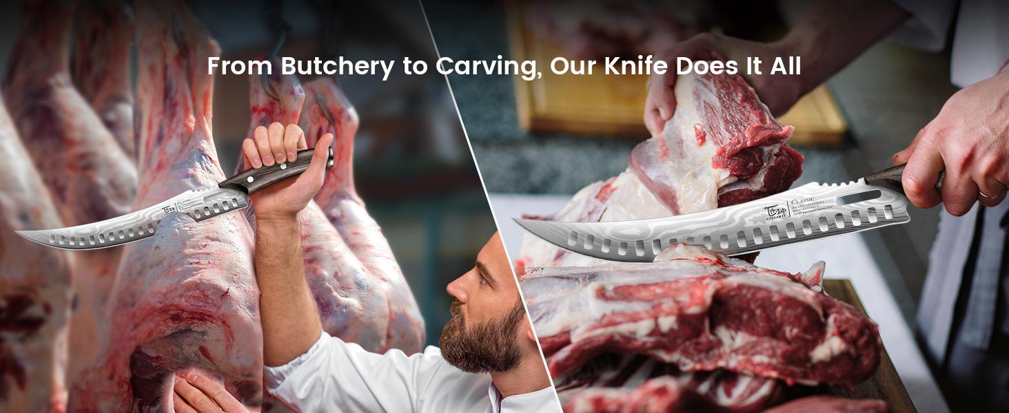 【TikTokShopJumpstart】SYOKAMI Stainless Steel Butcher Knife, 10.5 Inch High Carbon Japanese Style Carving Knife with Wood Full Tang Wooden Handle, Damascus Pattern Cooking Knives, Razor Sharp Breaking Kitchenware with Gift Box Ideal for Valentine's Day