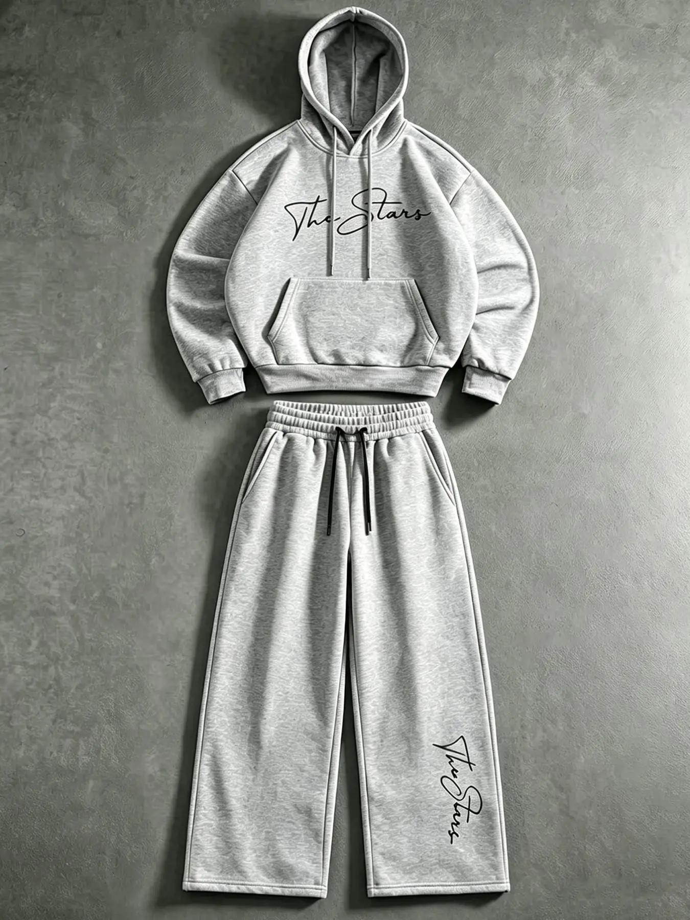 Hooded Top with Straight Leg Sweatpants, Slim Fit, Handwritten English Print, Comfortable Breathable Fabric, Trendy Casual