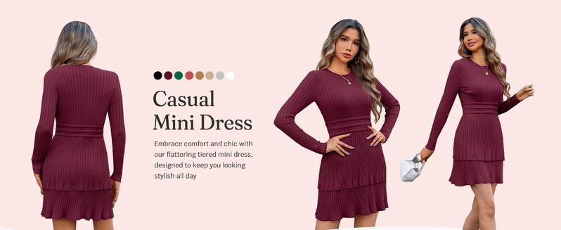 Wenrine Women's Long Sleeve Sweater Dress Casual Ribbed Knit Crewneck A Line Slim Fit Tiered Fall Mini Dresses for Everyday Wear