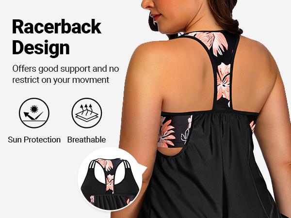 Holipick Floral Plus Size Tankini Swimsuit for Women Two Piece Tummy Control Bathing Suit Blouson Racerback Tankini Top with Shorts