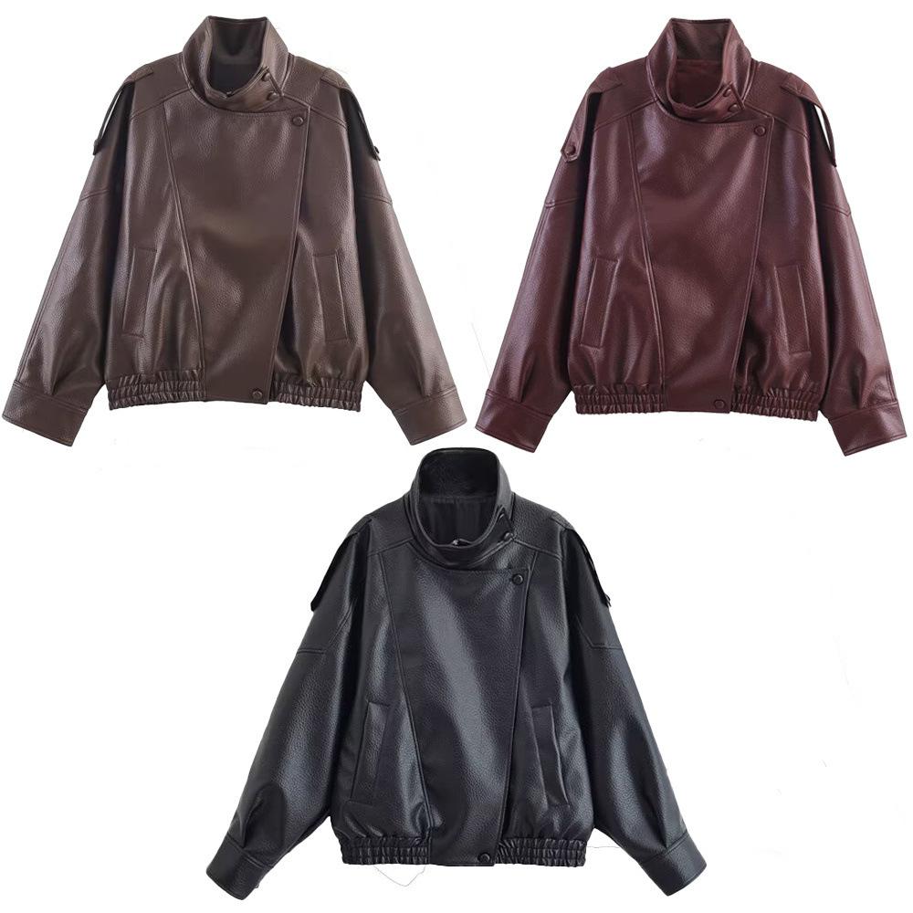 Faux Leather Stand Collar Oversized Moto Jacket, Elastic Hem Motorcycle Streetwear, Casual Long Sleeve Water- and Wind-Resistant Outerwear for Spring & Fall, Ladies Clothes for Daily Wear, Chic Outerwear, Coats