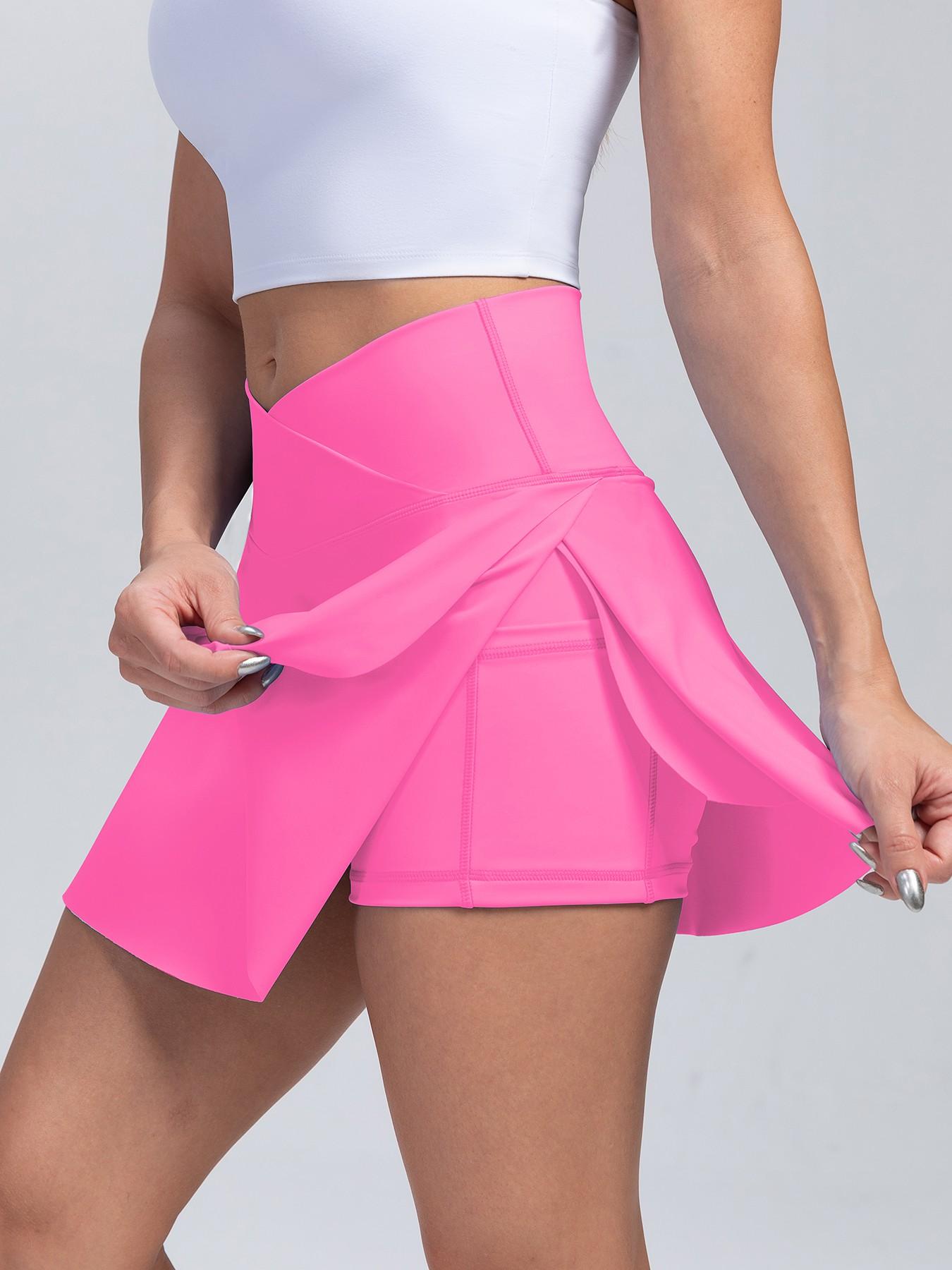 Women's High-Waisted Cross-Belt Sports Skirt, Waist Cinching with Pockets, Anti-Exposure Tennis Skirt, Breathable Yoga Shorts Skirt