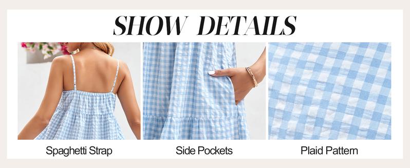 Wenrine Women's Summer Plaid Mini Dress Casual Spaghetti Strap Sleeveless A Line Beach Sundress with Pockets
