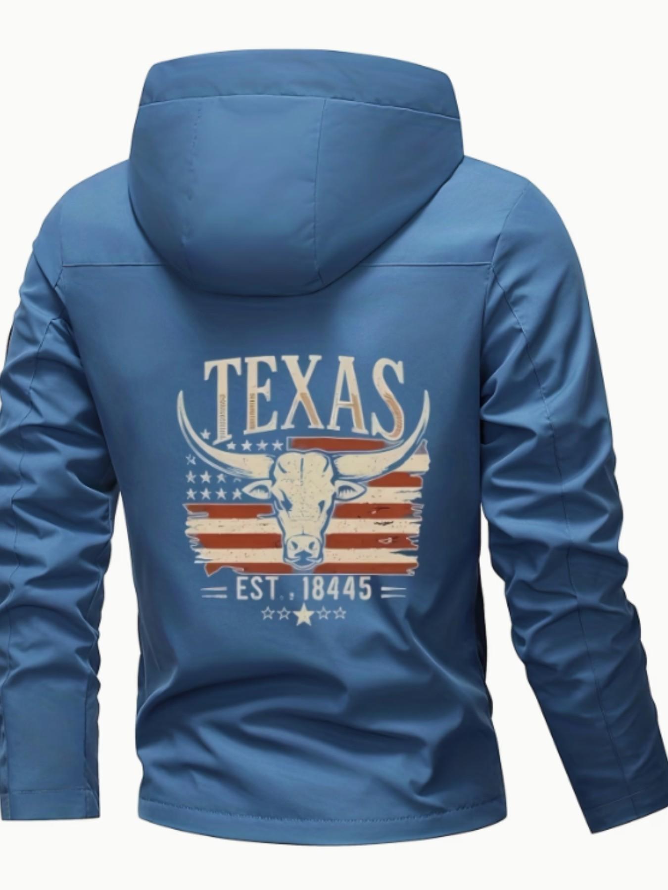 Men's Texas Pride Hooded Jacket, Light Blue Bomber Coat, Usa Flag Print, Zipper Design, Long Sleeve, Polyester Lining, Casual Style