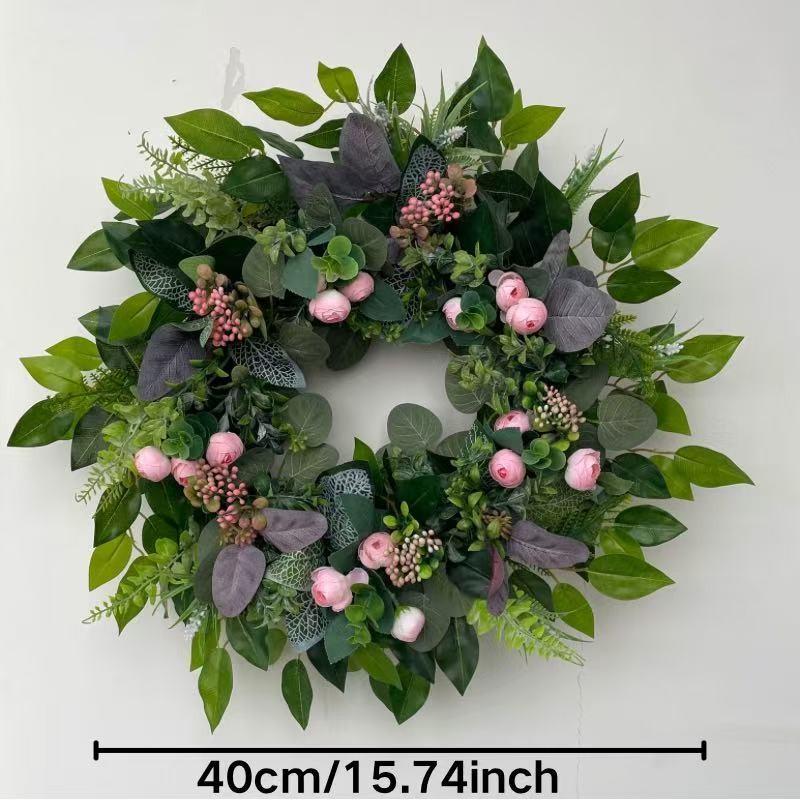 Summer Greenery Wreath with Berries and Fern Leaves, Handmade Farmhouse Door Wreath, Indoor Outdoor Wall Window Decor, All-Season Hanging Decoration