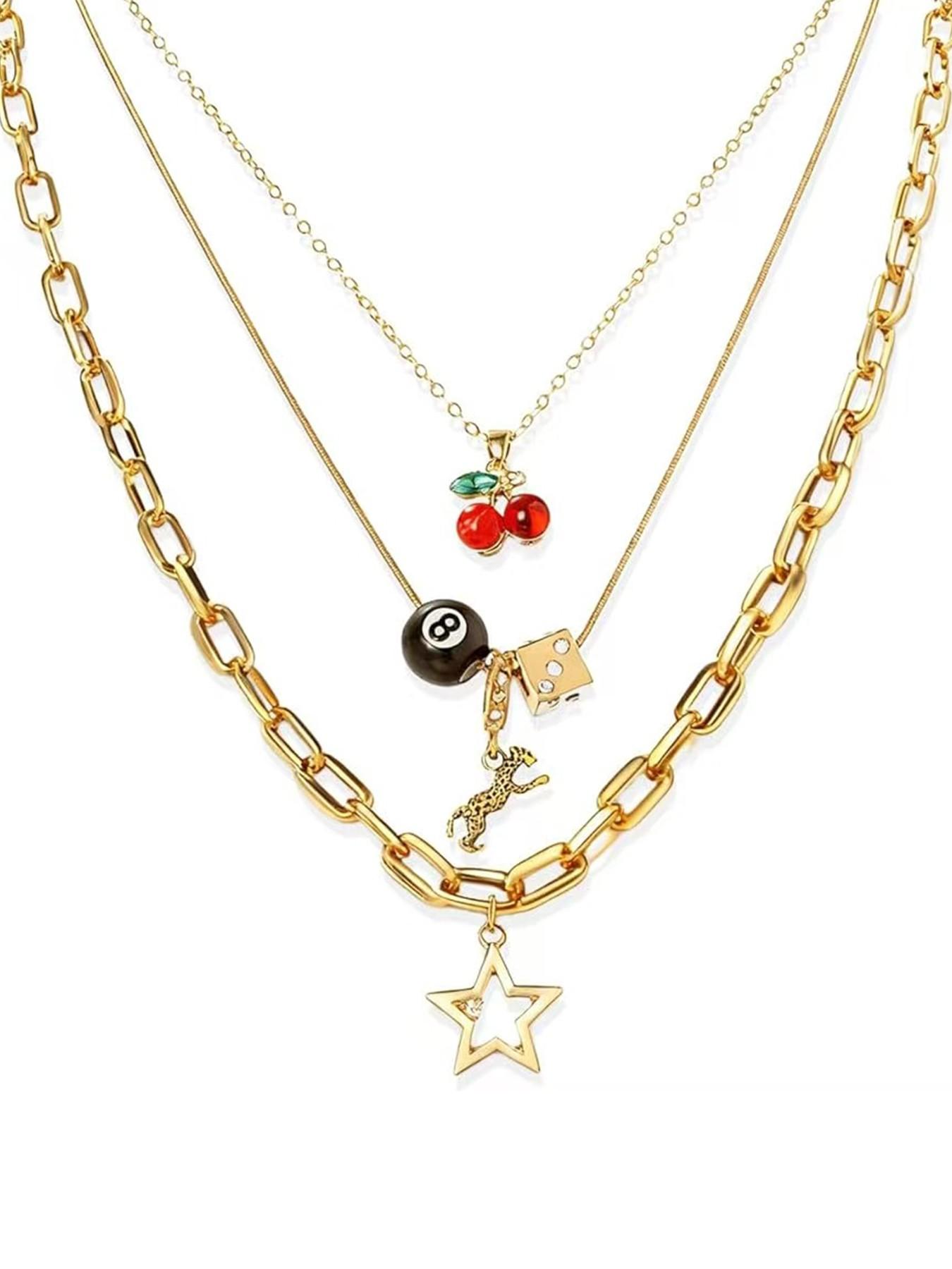 Y2K Necklaces Jewelry Gold Cherry Necklaces for Women Chunky Charm Streetwear Star 8 Ball Stackable Leopard Cheetah Dice Layered Gold Dainty Statement Chain Choker Trendy Birthday Jewelry Gifts