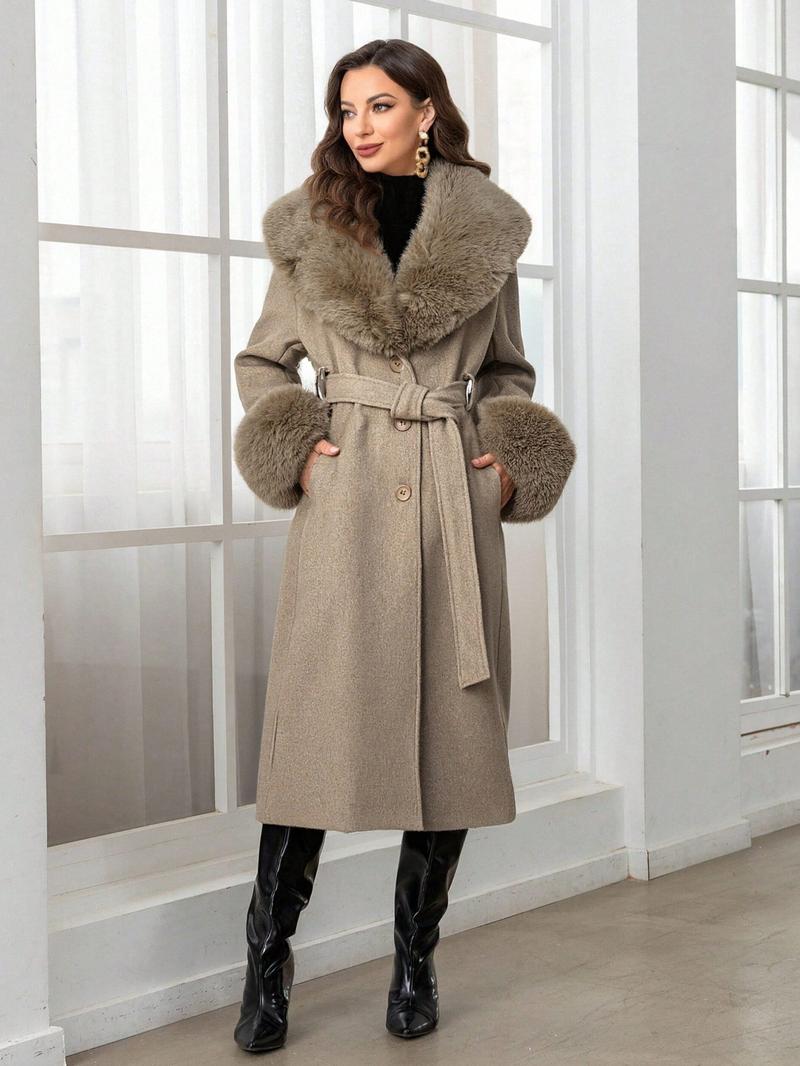 Women's Fall Winter Mid-Length Solid Color Coat, Warm Fitted Coat with Fur Collar, Waist Belt & Pockets, Casual Style