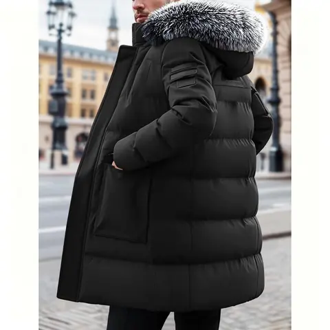 Men's Winter Heavy-duty Long Parka Coat, Thick and Warm Insulation, Detachable Faux Fur Hood Pocket with Large Pocket, Suitable for Skiing and Commuting