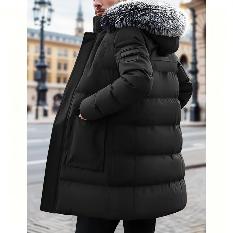 Men's Winter Heavy-duty Long Parka Coat, Thick and Warm Insulation, Detachable Faux Fur Hood Pocket with Large Pocket, Suitable for Skiing and Commuting