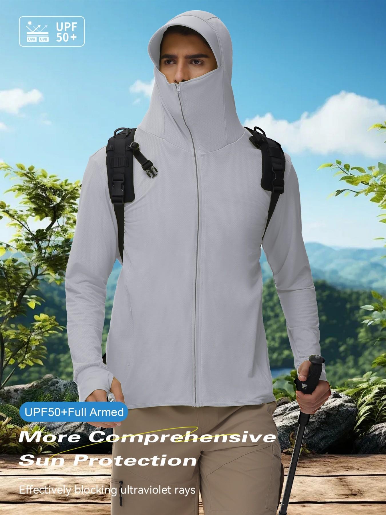 Men's Ice Silk Hooded Sun Protection Jacket, Full Face UV Shield, Breathable Quick-Dry, Outdoor Hiking Climbing Running Cycling Sports Coat
