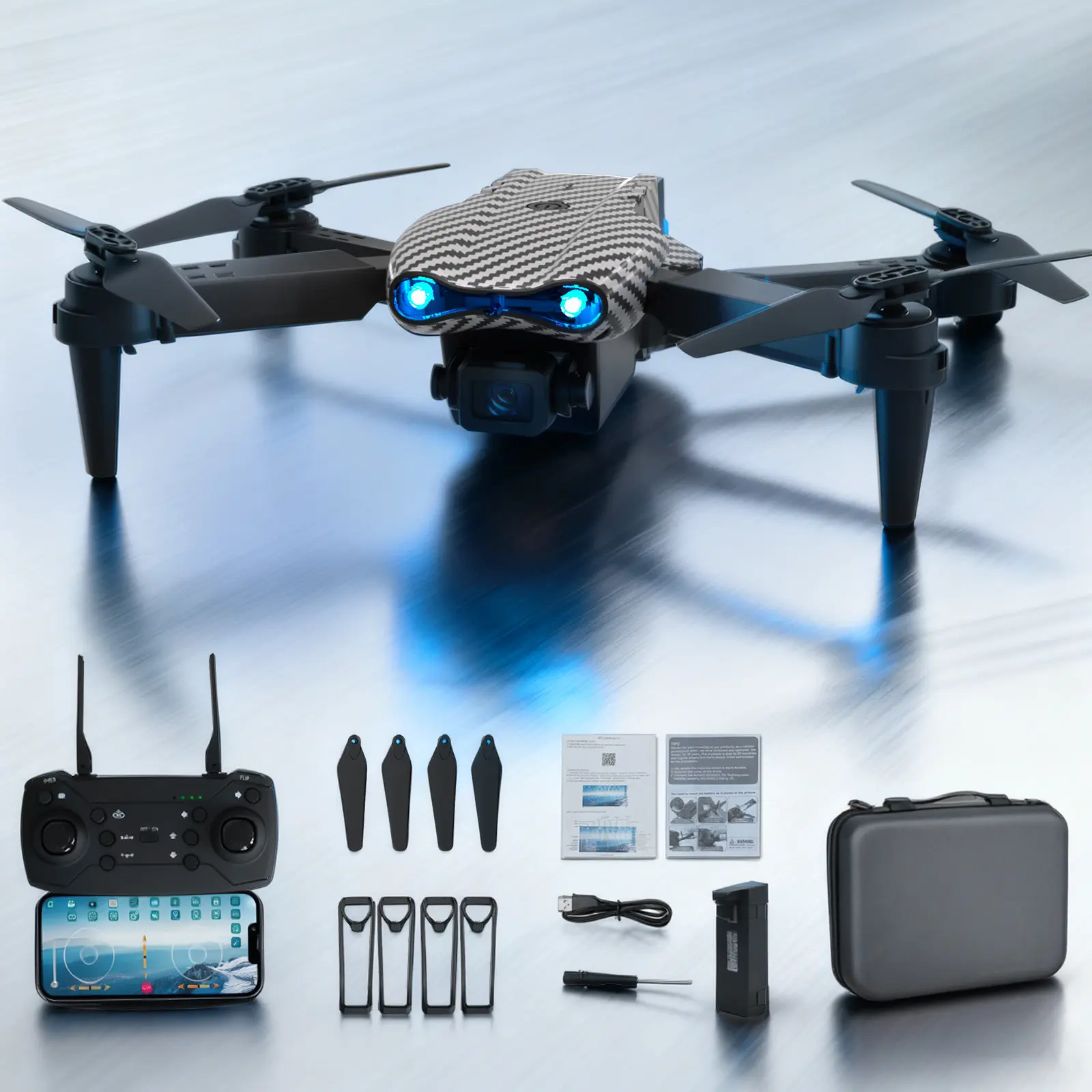 Carbon Fiber Dual Camera Foldable RC Quadcopter Drone with LED Lights, Altitude Hold, Smart Flight Modes, Long Flight Time, Auto Functions, Underwater Capability, Obstacle Detection, Neo Optical EIS - Gray for Adults, Rc Remote