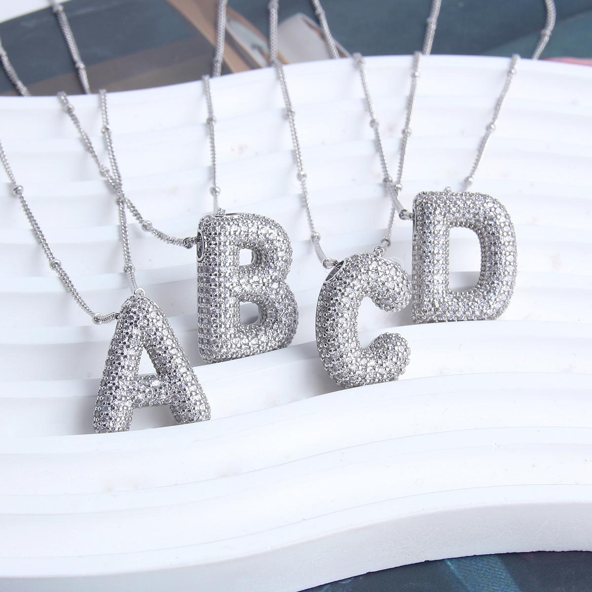 Trendy Silver Plated Initial Bubble Letter Necklace, Rhinestone Decor Personalized Jewelry Gift for Women Men