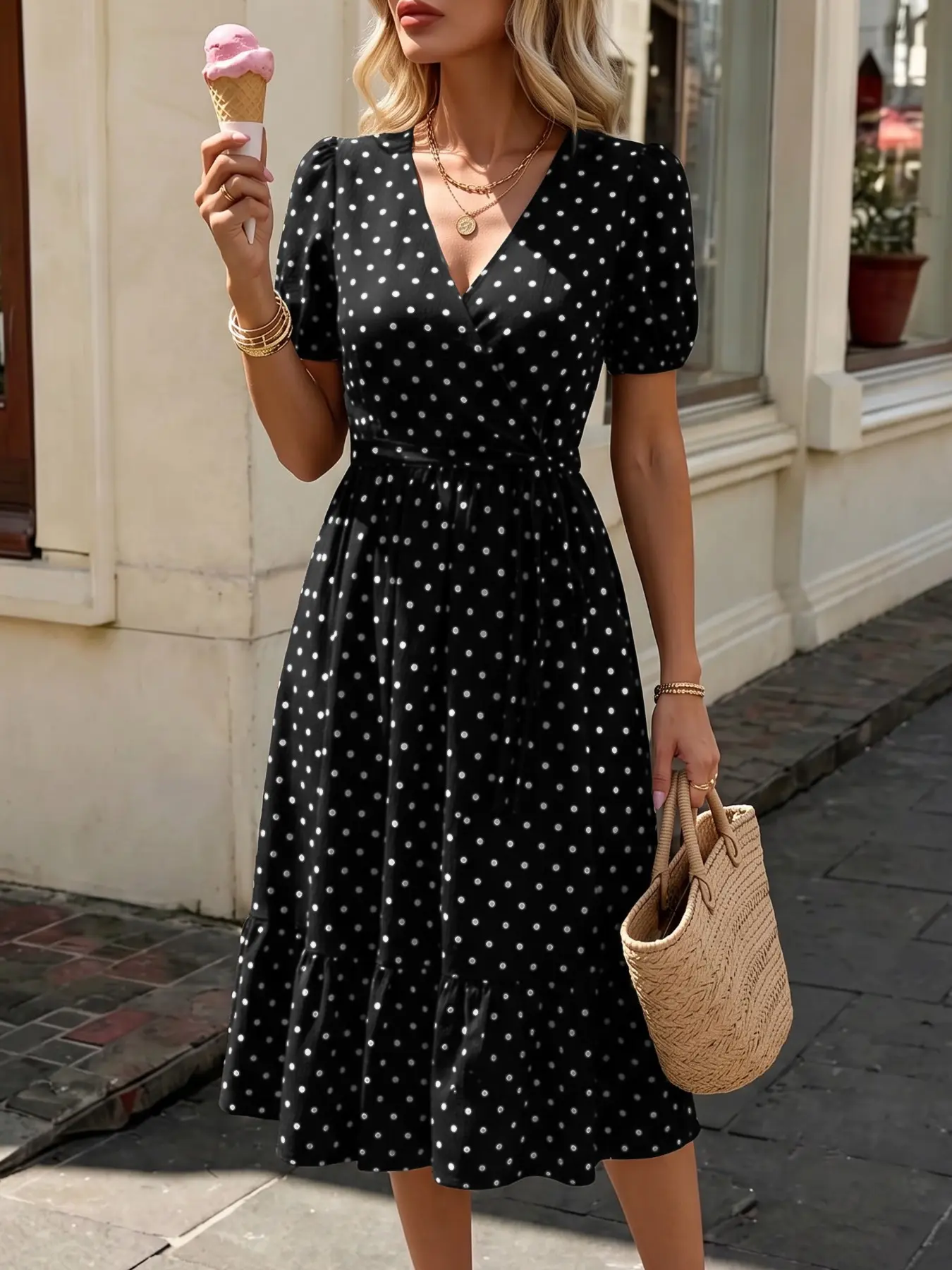 Women French Vintage Polka Dot Wrap V Neck Midi Dress, Puff Short Sleeve High Waist Ruffle Hem Swing Dress, Elegant Casual Summer Holiday Beach Dress, Soft Textured A Line Party Dress