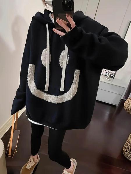 Women's Cartoon Face Print Drop Shoulder Hooded Sweater, Fashion Casual Long Sleeve Drawstring Hooded Sweater for Daily Holiday Outdoor Wear, Women Knitwear for Fall & Winter, Sweaters for Women