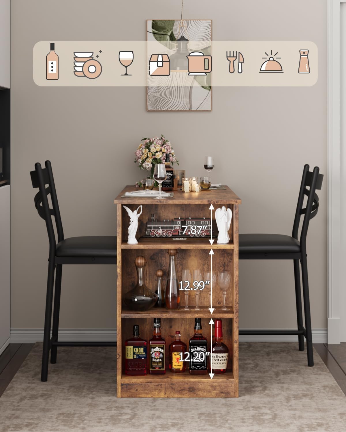 3-Piece Dining Table Set, Counter Height Kitchen Table Set for 2 with 3 Storage Shelves, Expandable Bar Table with 2 Cushioned Chairs for Small Spaces, Apartment 3-Piece Dining Table Set, Counter Height Kitchen Table Set for 2 with 3 Storage Shelves, Expandable Bar Table with 2 Cushioned Chairs for Small Spaces, Apartment