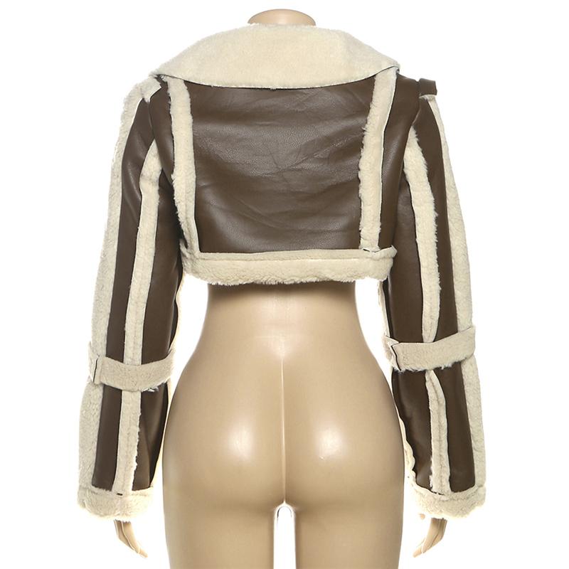 DOUCIU New Autumn And Winter Fashion Personality All-Match Hip-Hop Joint Cool Loose Casual Warm Ladies Retro Pu Leather Contrast Color Cardigan Short Jacket Coats