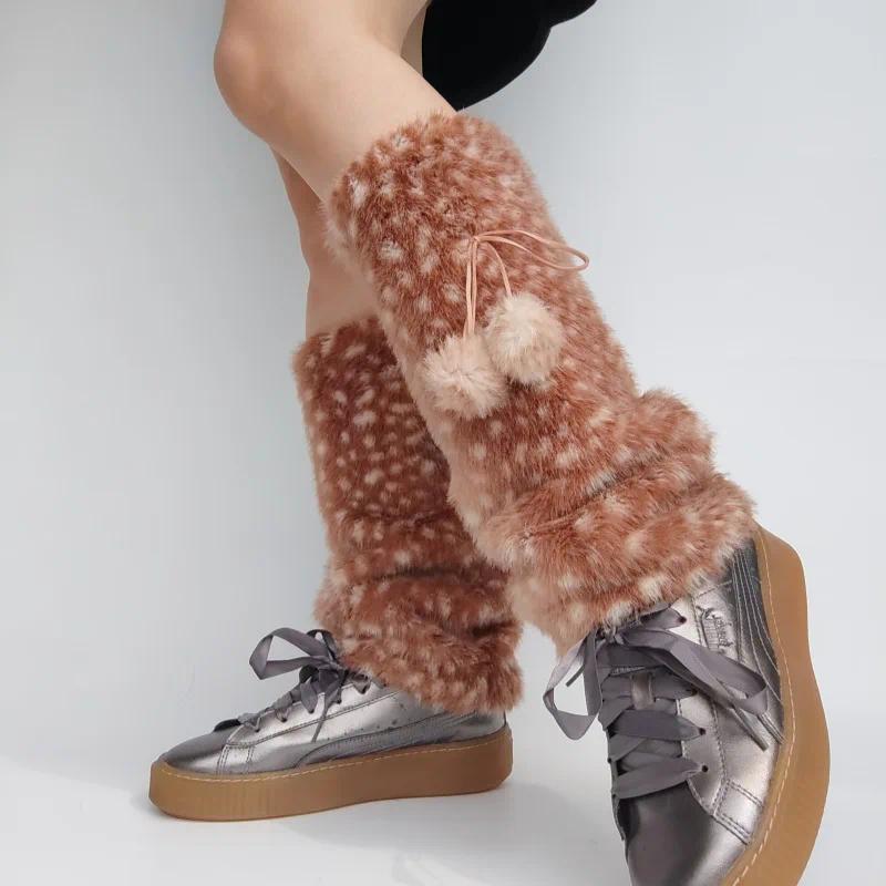 Autumn and Winter Cute Plush Leg Cover Warm Deer Print Faux Fur Plush Leg Warmers JK College Style Cosplay Boots Chrismas Gifts