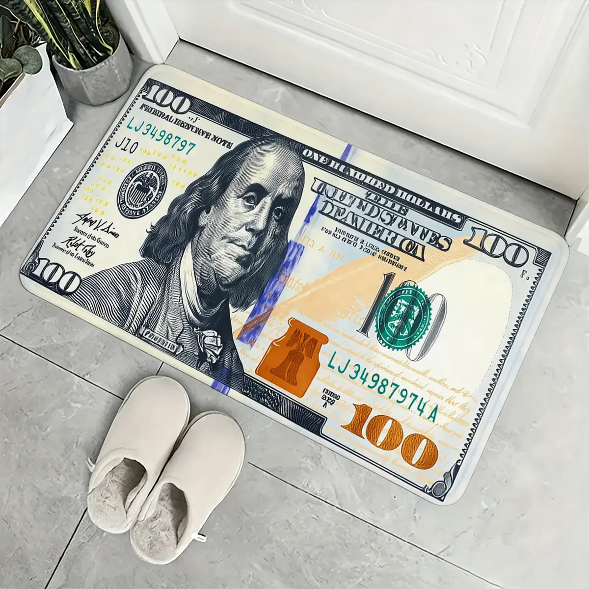 100 Dollar Bill Print Flannel Doormat, Non Slip Absorbent Funny Money Pattern Floor Rug, 16x24 & 20x32 Inch Soft Washable Entryway Bathroom Kitchen Decor Rug homeessentials