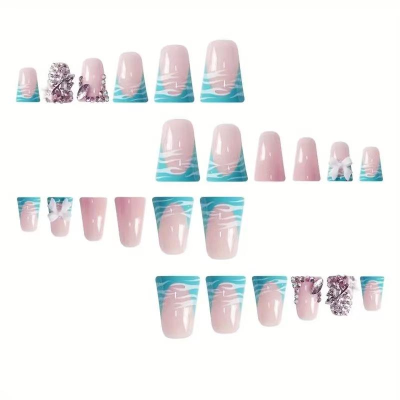 24pcs Duckbill False Nails Set, Glittering Fake Nails, Light Base with Blue Wave Butterfly Design, Glossy Finish Easy to Stick, Perfect for Daily Wear