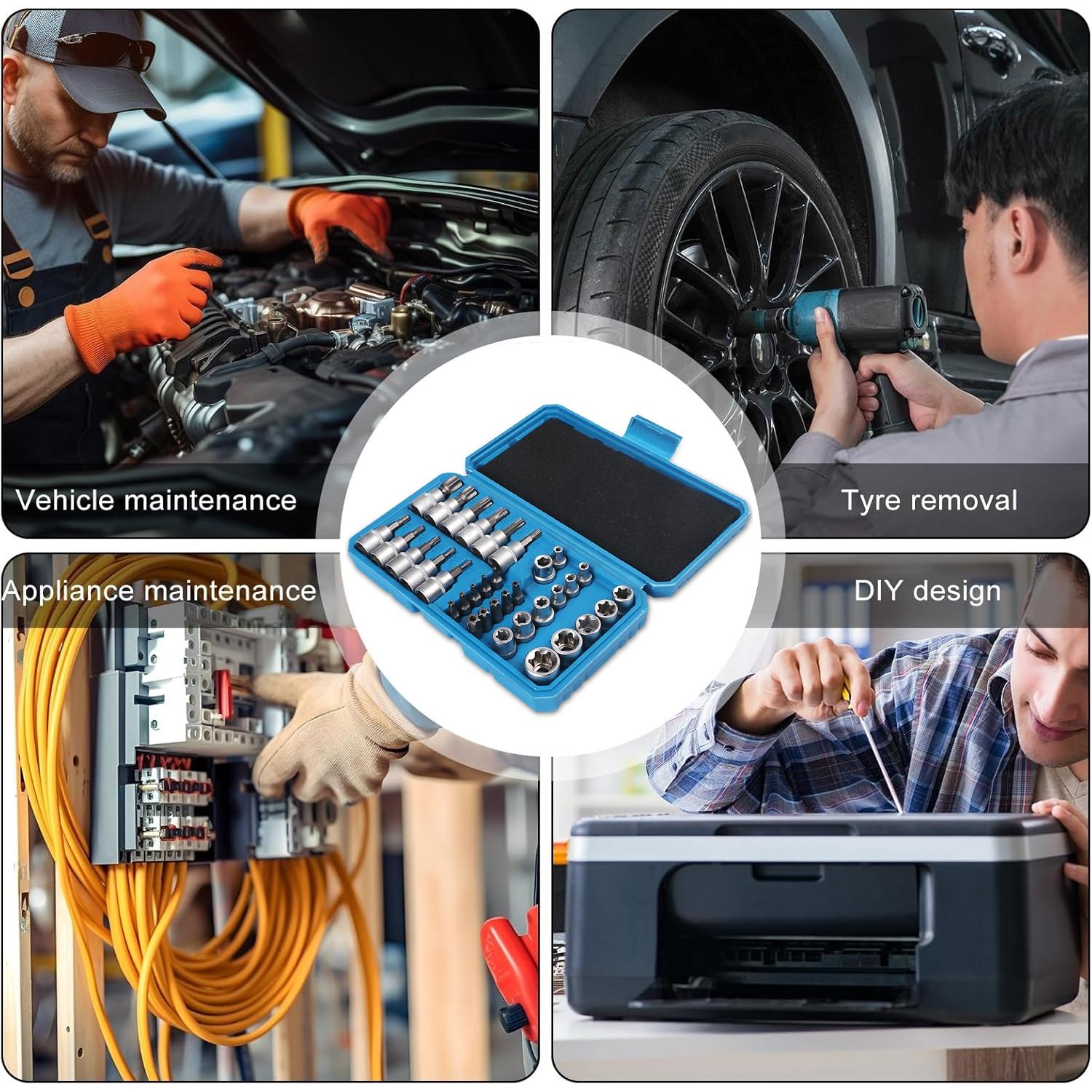 34-Piece E-Type Hex, Internal External Star Key Kit, Large Medium Small Sizes, Durable Metal Construction, Versatile Tool Set, Socket Wrench Set, Bit Socket Set