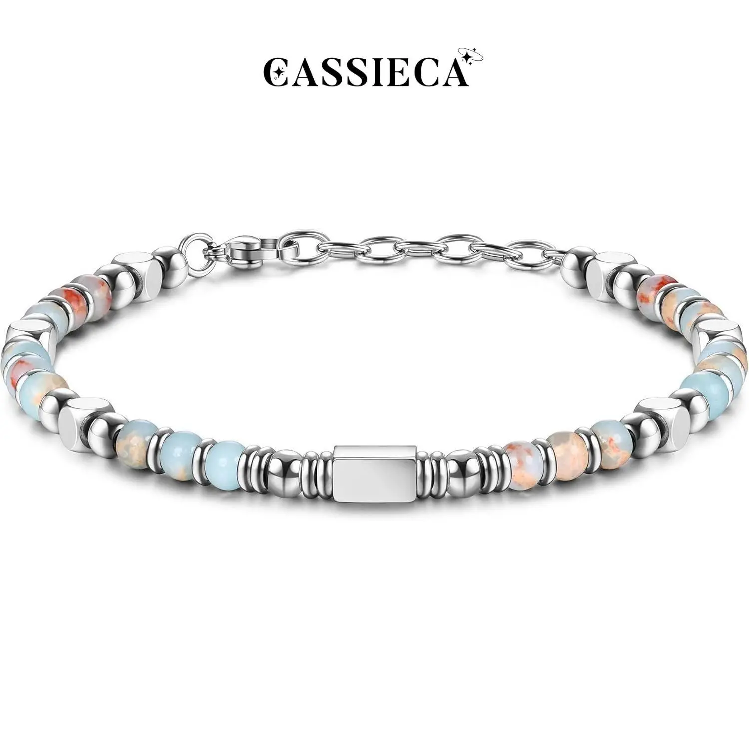 CASSIECA Beaded Bracelets for Women Men Stainless Steel Bracelet Pink Crystal Obsidian Tiger Eye Friendship Anxiety Silver Bracelet Turquoise Jewellery 4MM Sohochic