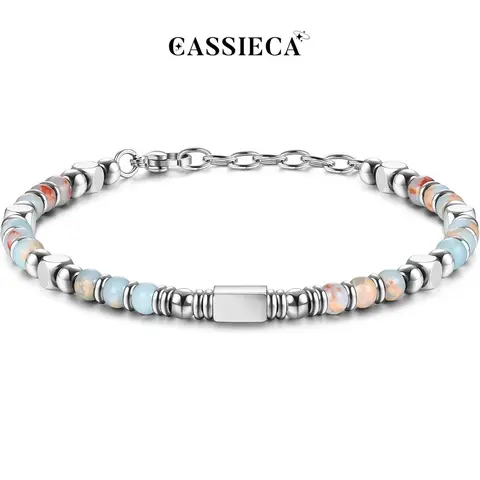 CASSIECA Beaded Bracelets for Women Men Stainless Steel Bracelet Pink Crystal Obsidian Tiger Eye Friendship Anxiety Silver Bracelet Turquoise Jewellery 4MM Sohochic