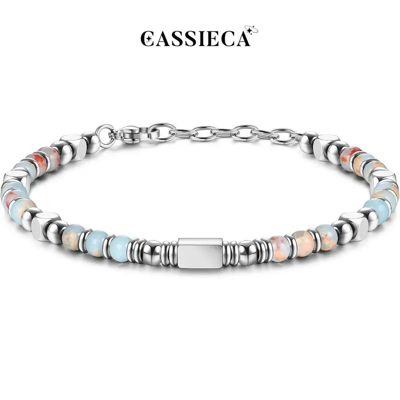 CASSIECA Beaded Bracelets for Women Men Stainless Steel Bracelet Pink Crystal Obsidian Tiger Eye Friendship Anxiety Silver Bracelet Turquoise Jewellery 4MM Sohochic
