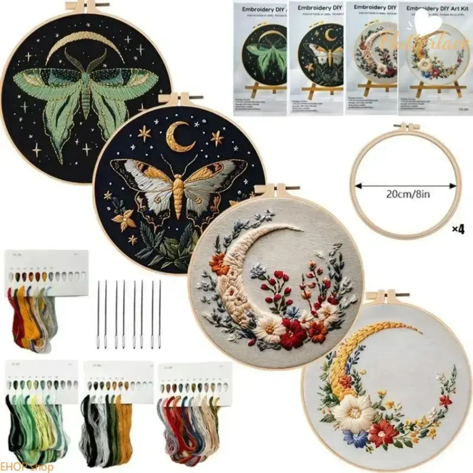 Butterfly Moon Beginner Embroidery Kit, DIY Craft Set with Printed Cotton Fabric, Threads and Needles, Handmade Art Project for Adults, Ideal for Home Decor and Birthday Gifting