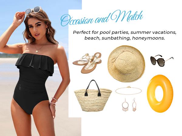 Holipick Black Strapless One Piece Swimsuits for Women Tummy Control Bandeau Bathing Suits Ruffle Slimming Swimwear