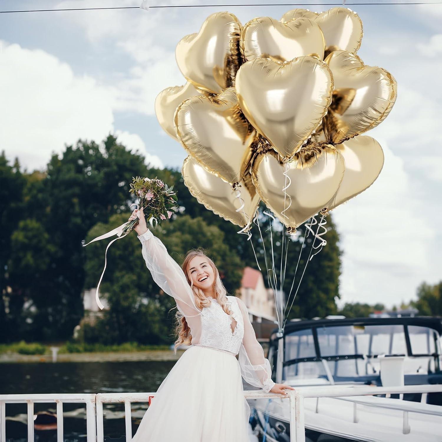 Golden heart-shaped balloon, 18 inch 12 piece set, gold foil heart-shaped balloon with 2 accessories, suitable for birthday parties, weddings, baby parties