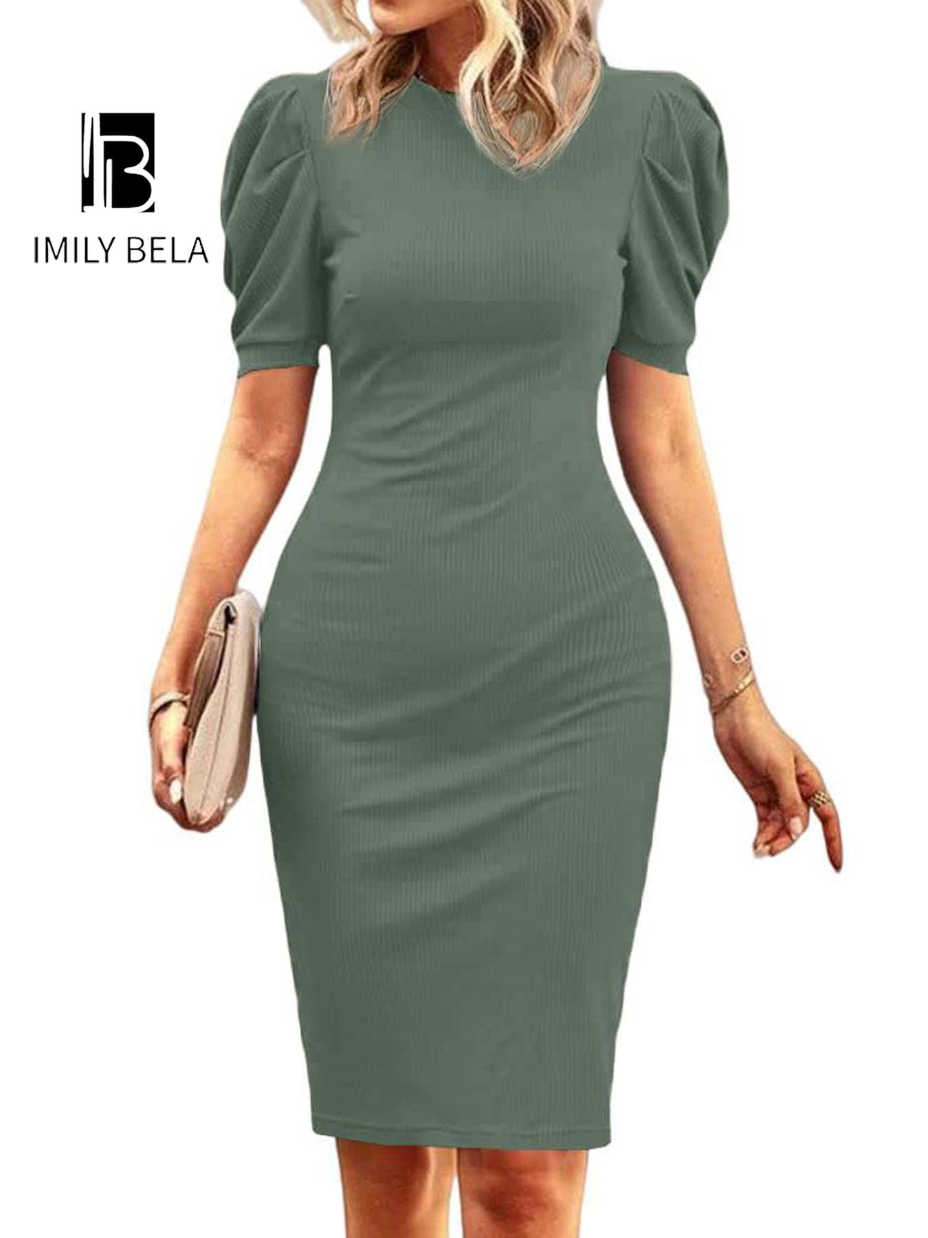 Women's Plain Puff Sleeve Dress, Elegant Fashion Casual Bodycon Dress for Work Office Business, Ladies Dress for All Seasons Formal Wear