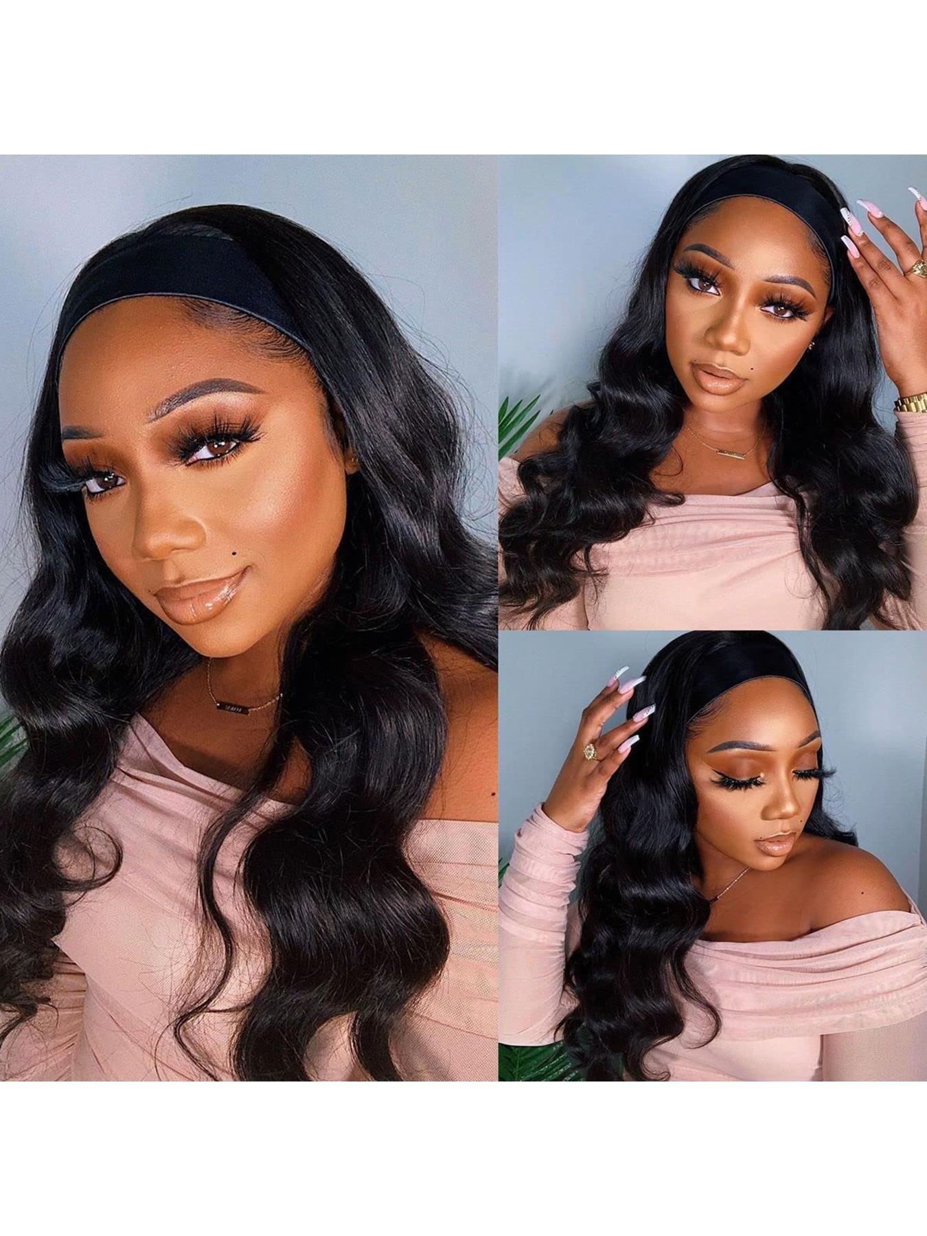 Headband Wig Human Hair Body Wave Headband Wigs for Black Women Brazilian Virgin Hair Glueless None Lace Front Half Wigs Human Hair Wear and Go Headband Wigs 180% Density