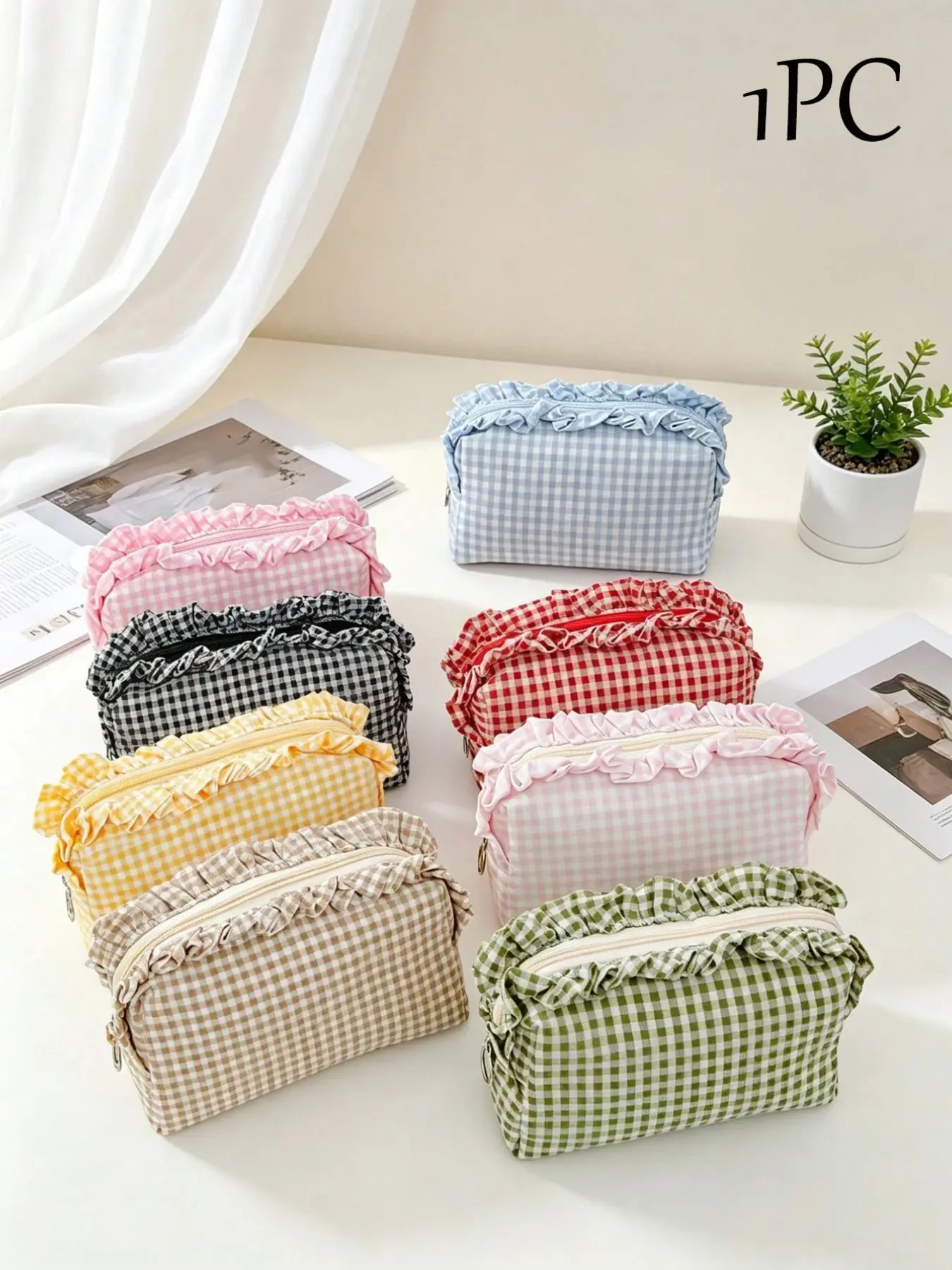 Plaid Print Makeup Bag, Ruffle Design, Large Capacity Brush Organizer, Travel Makeup Storage, Women's Zipper Toothbrush Case