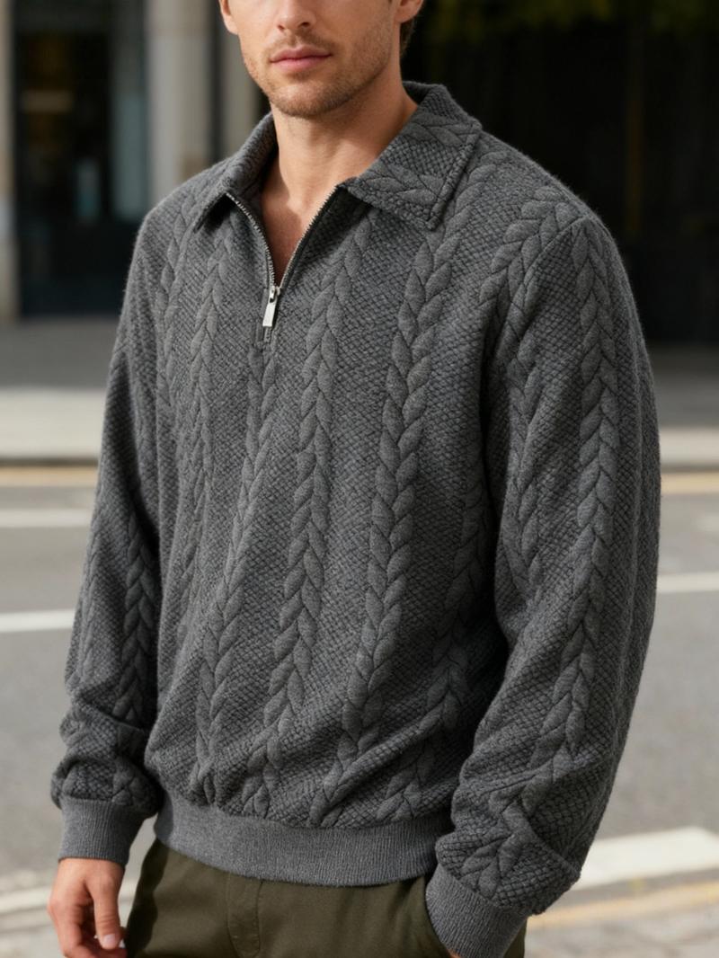 Men's Textured Polo Neck Sweatshirt, Zip Half Button Design, Casual Fitted Pullover, Fall & Winter Essential, Plain Style