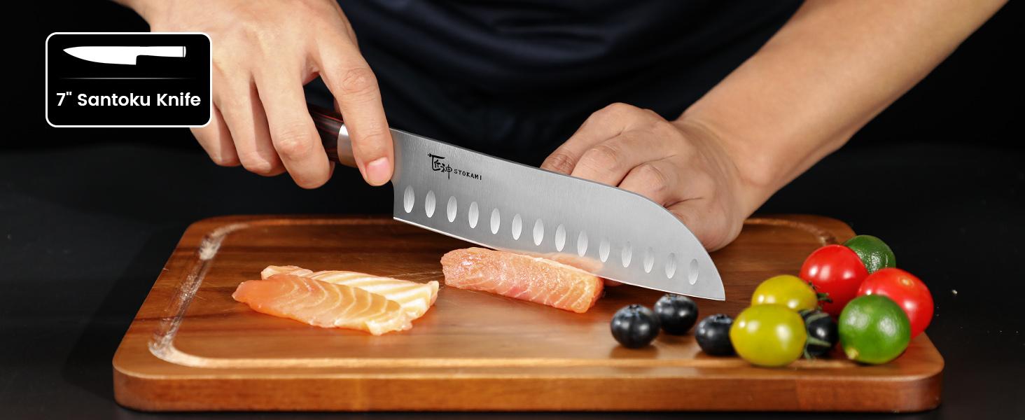 【TikTokShopSpringGlowUp】SYOKAMI Knife Set 7 Piece Japanese Style Kitchen Knife Set With Foldable Magnetic Acacia Wood Block Sharp High Carbon Stainless Steel Knives Set for Kitchen with Anti-slip Ergonomic Handle, Mother's Day Gift
