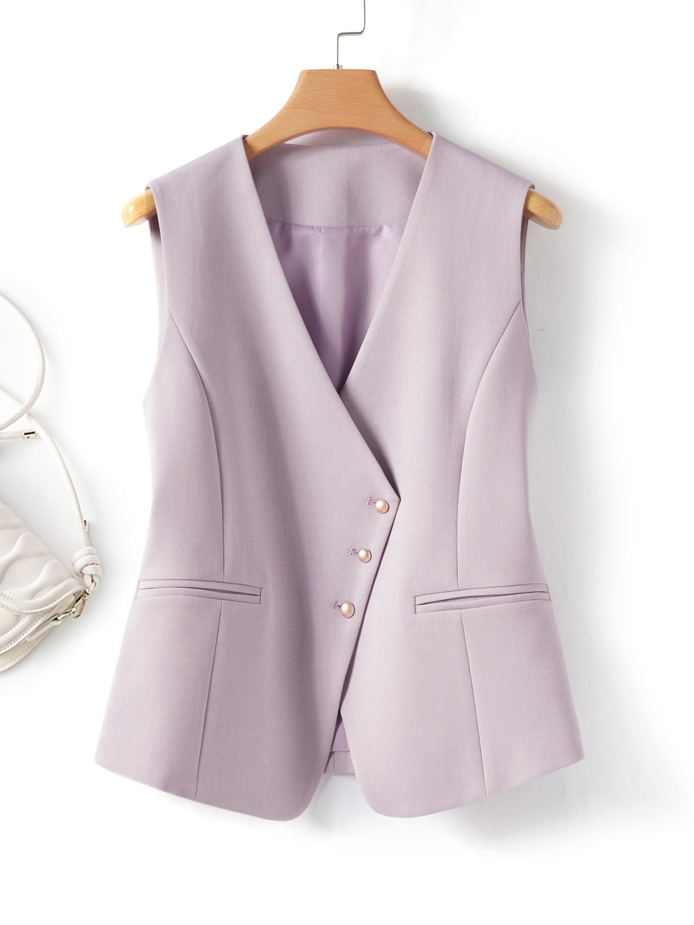 Minimalist Women's Basic Solid Color Fitted Asymmetric Button-Front Blazer Vest, Elegant Chic V-Neck Sleeveless Outerwear, Spring & Fall Work Office Clothes Business Vest Minimalist Women's Basic Solid Color Fitted Asymmetric Button-Front Blazer Vest, Elegant Chic V-Neck Sleeveless Outerwear, Spring & Fall Work Office Clothes Business Vest