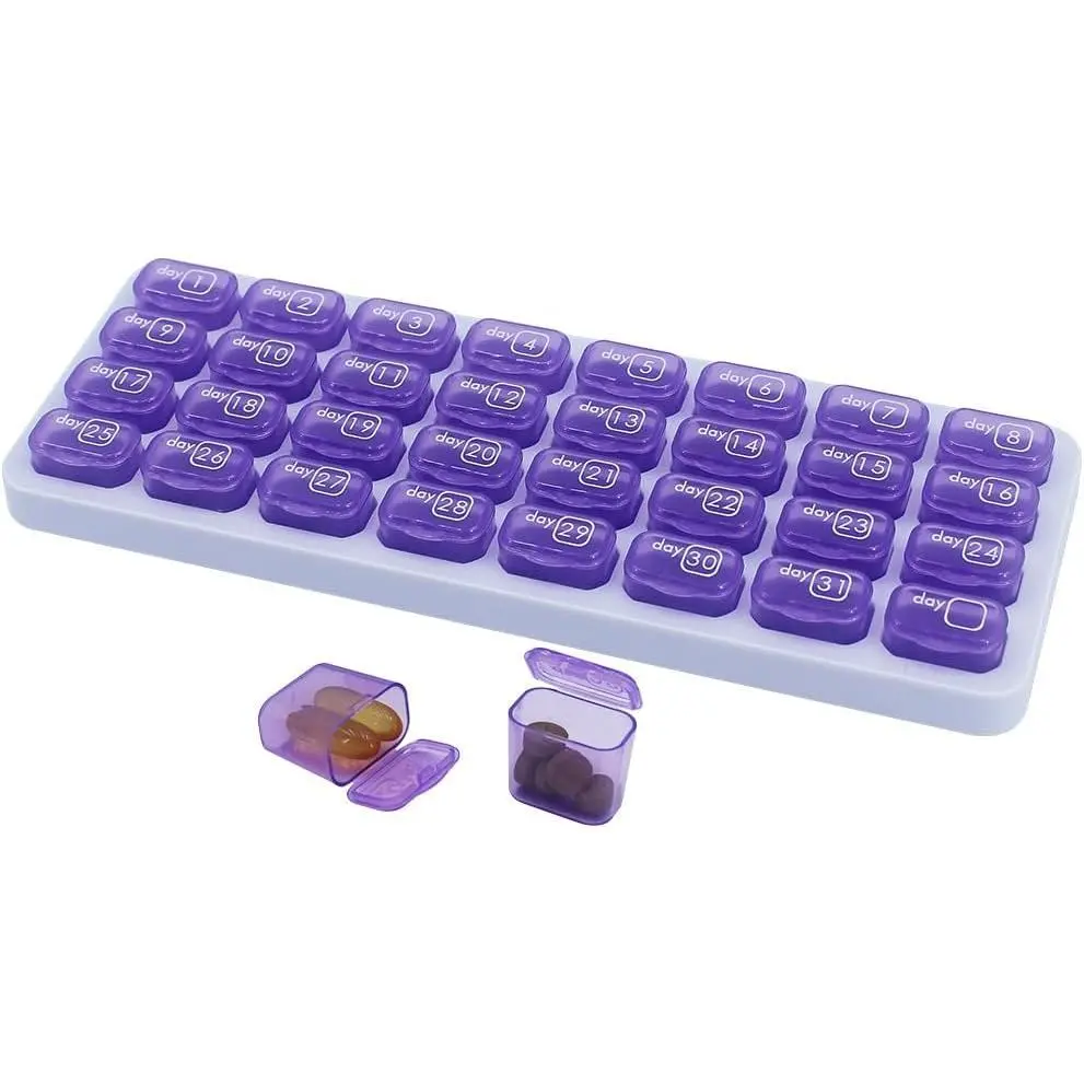 Monthly Pill Organizer, Large Travel Pill Box 31 Day, Daily Pill Case, Pill Holder Container for Vitamin, Medicine, Supplement, Fish Oil, Purple