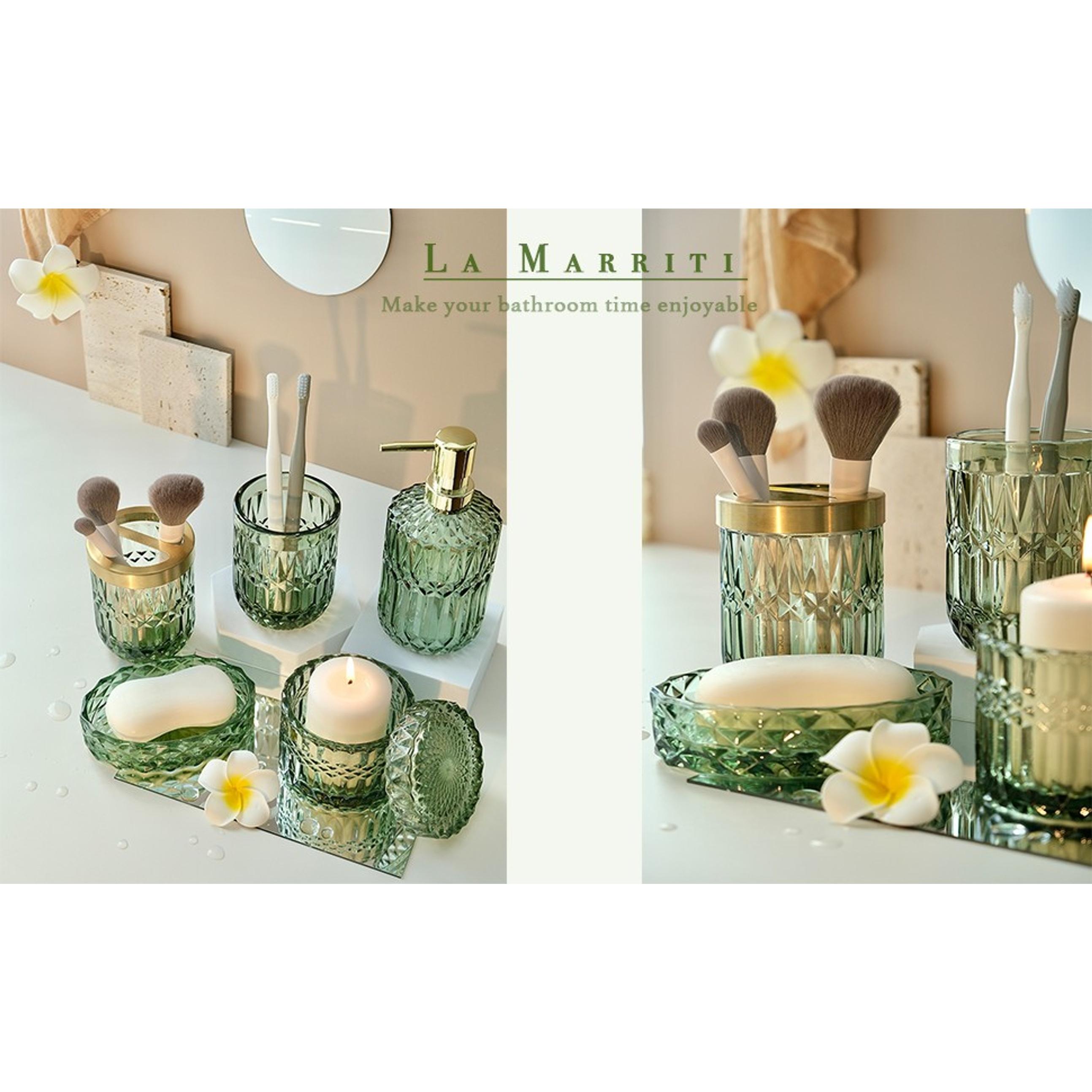 Green Bathroom Accessories Set, 6 Pcs Clear Glass Bathroom Set, Soap Dispenser, Soap Dish, Toothbrush Holder, Tumbler, Q-Tips Holder for Vintage Crystal Bathroom Decor, Gift Set