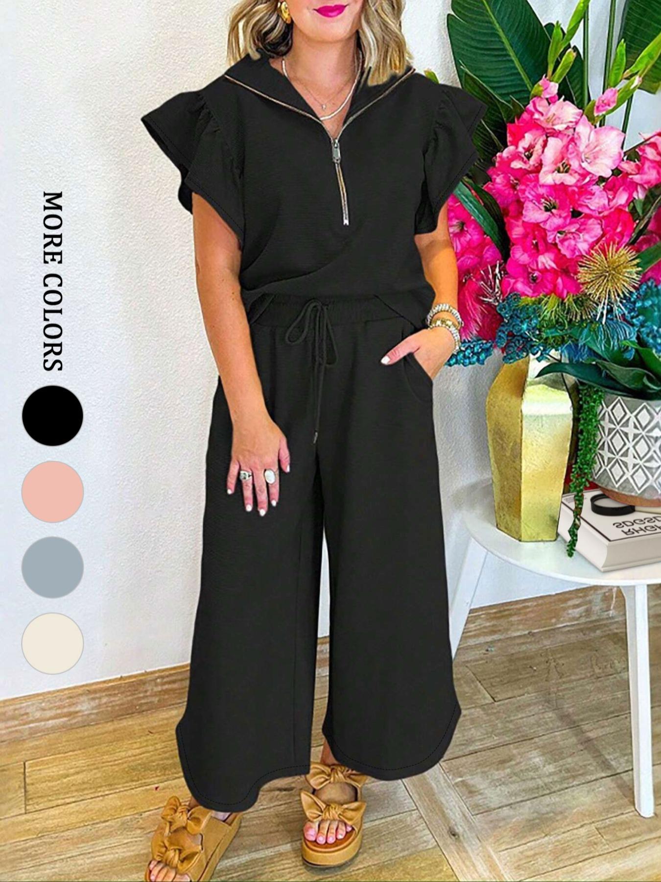 Women's elegant solid color textured ruffled sleeve half-zip top T-shirt sweatshirt and high waist wide-leg pants set, comfortable and fashionable, suitable for sports, daily leisure, outdoor activities, parties, lazy time wear