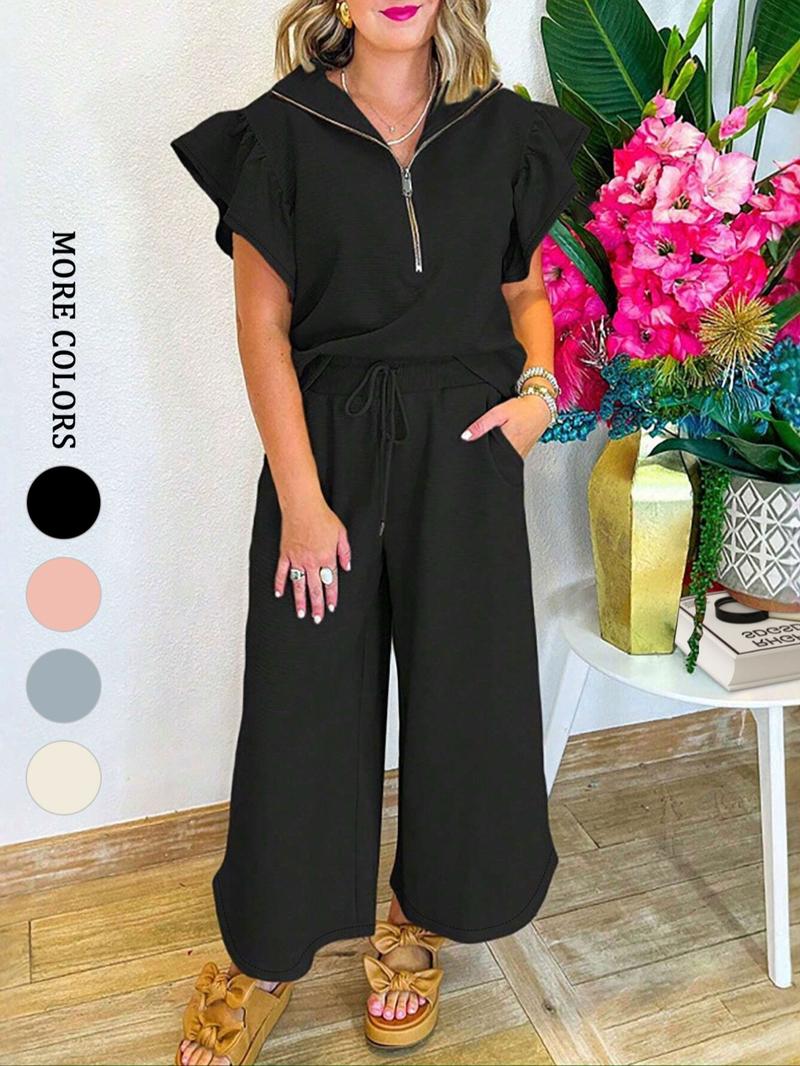 Women's elegant solid color textured ruffle sleeve half-zip top T-shirt sweatshirt and high waist wide-leg pants set, comfortable and fashionable, suitable for sports, daily leisure, outdoor activities, parties, lazy time wear