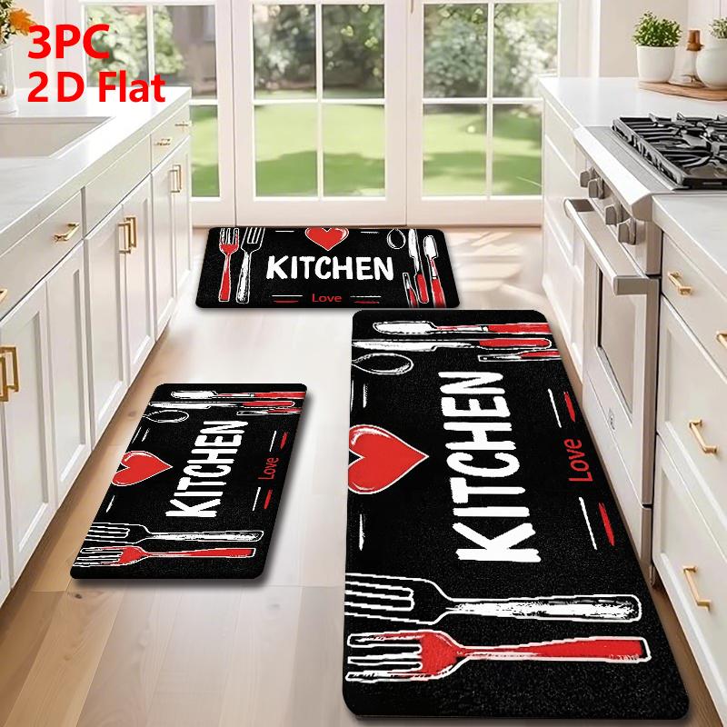 2/3pcs Flannel Kitchen Mat Set, Base Hand-Drawn Design, Non-Slip, Absorbent, Ideal for Bathroom, Laundry Room, Hallway