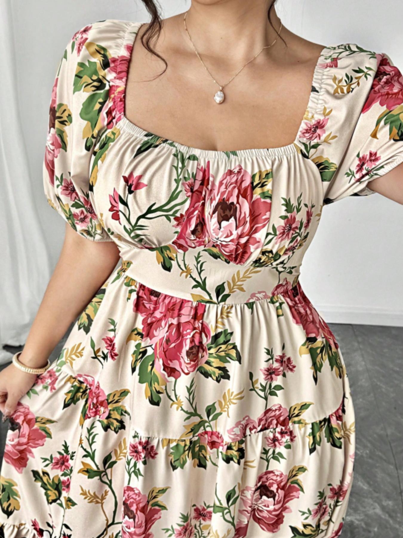 Elegant Plus Size Women Wedding Guest Dress, Square Neck Bubble Sleeve, Rose Floral Pattern, Long A-Line Skirt, Perfect for Weddings and Vacations