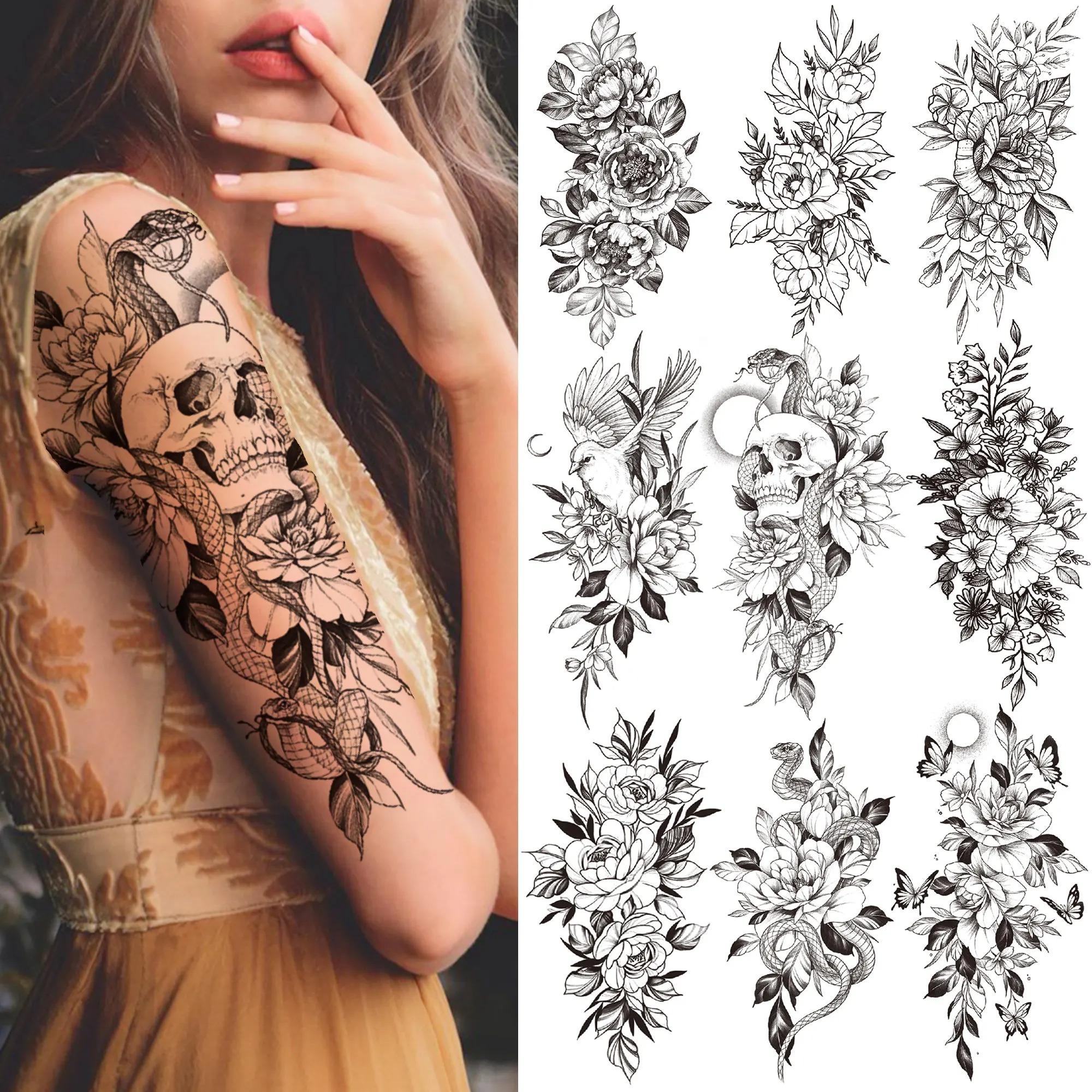 9pcs Death Skull Flower Temporary Tattoo For Women Girls Snake Bird Peony Tattoo Sticker Black Fake Blossom Sexy Tatoo Transfer Adult