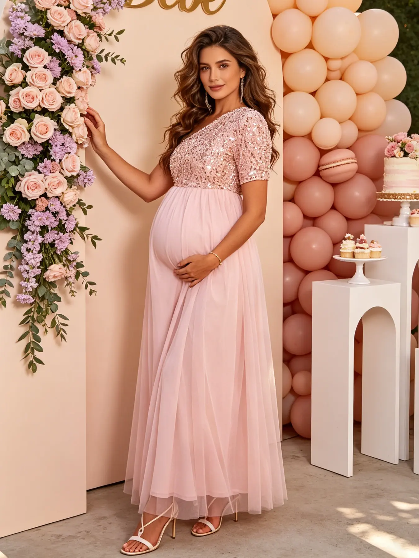 Joyfunear One-Shoulder Pregnant Long Dress, Short Sleeve Sequin Mesh Gown, Perfect for Baby Shower, Pregnancy Photoshoot, Bridesmaid, Wedding Guest