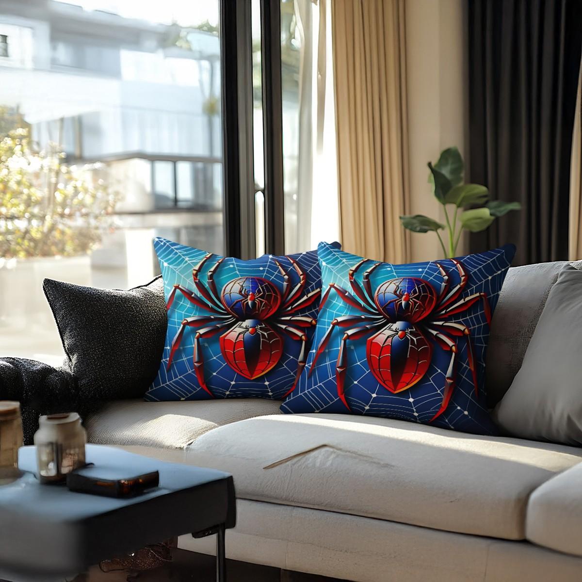 Large Spider Pattern Digitally Printed Throw Pillow (With Insert), 45cm Square Pillow, Featuring a Blue Sphere and Red Shield Design, Suitable for Sofas and Bedrooms, Eye-Catching and a Unique Cushion for Spider Enthusiasts.