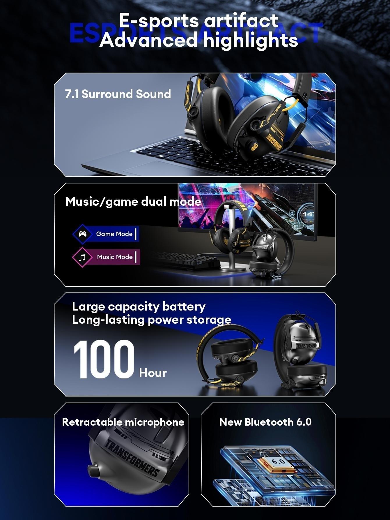 TRANSFORMERS G03 Wireless Gaming Headset with 2025 Bluetooth 6.0, Protein Leather Ear Caps for Excellent Sound Insulation, Multi-Function Button for Easy Control, Retractable High-Sensitivity Microphone, High-Performance Gaming Headphones