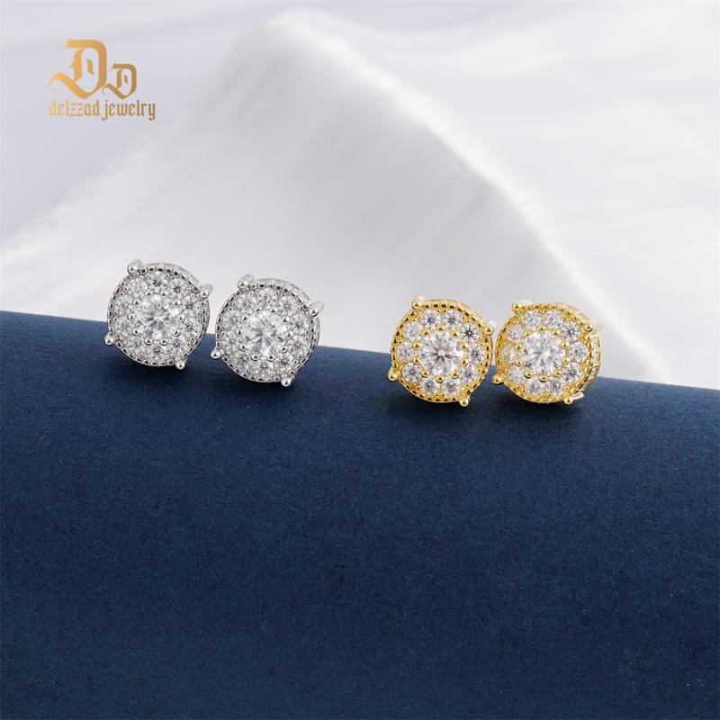 Delzzad 18K Gold-Plated Royal Halo Iced Out Lab-Created Moissanite Stud Earring S925 Sterling Silver Moissanite Jewelry Perfect Birthday Mother’s Day Christmas Gift for Men Women Wedding Set